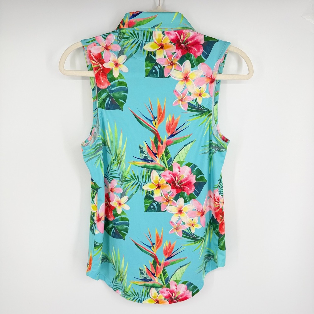 Bad Birdie Sleeveless Golf Polo Women Medium Turquoise Tropical Floral Hawaiian - Picture 2 of 6